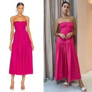 Shona Joy Joanine Linen Strapless Ruched Midi Dress in Azalea Pink